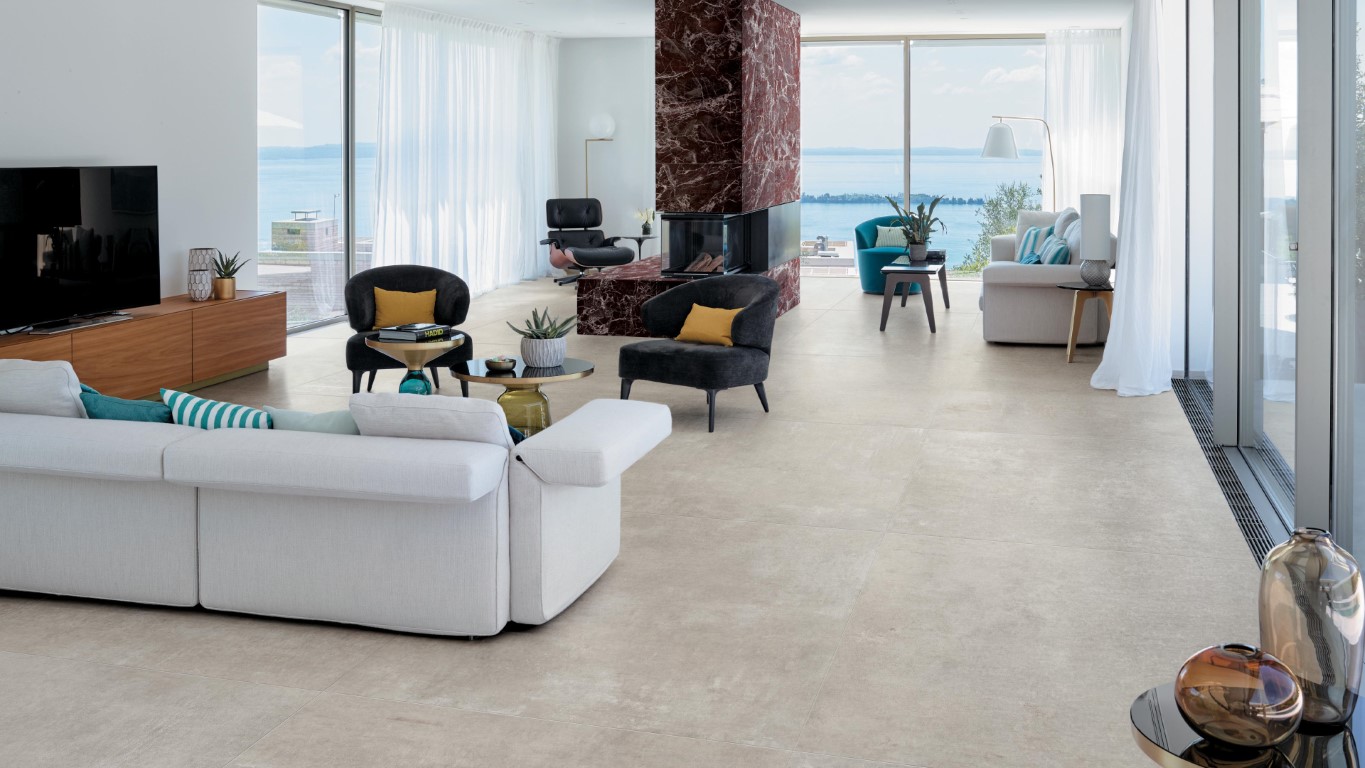 Lichte woonkamer met Atlas Concorde Boost betonlook in White