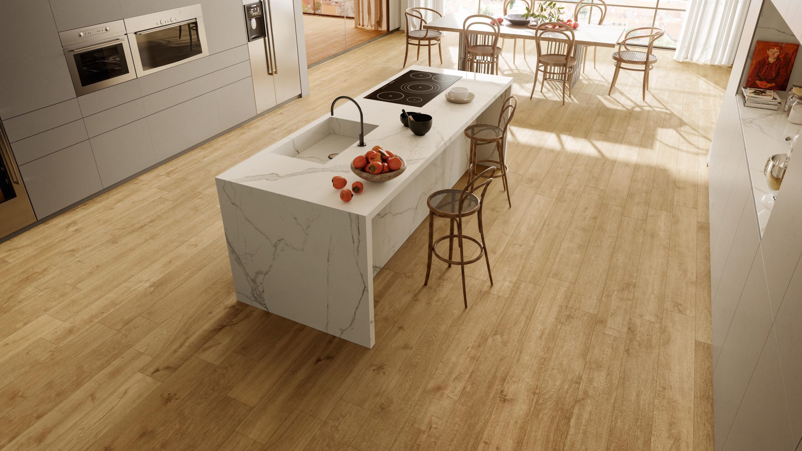 Woonkeuken met Atlas Concorde Heartwood houtlook tegels